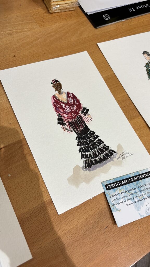 Acuarela y tinta de una flamenca con mantón rojo, obra de Juanitafuensp
