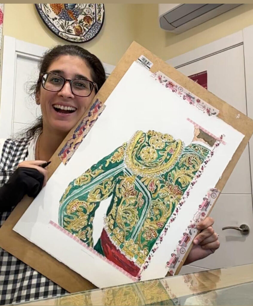 Juanitafuensp con obra original de chaquetilla de torero. acuarela y tinta. Sevilla.
